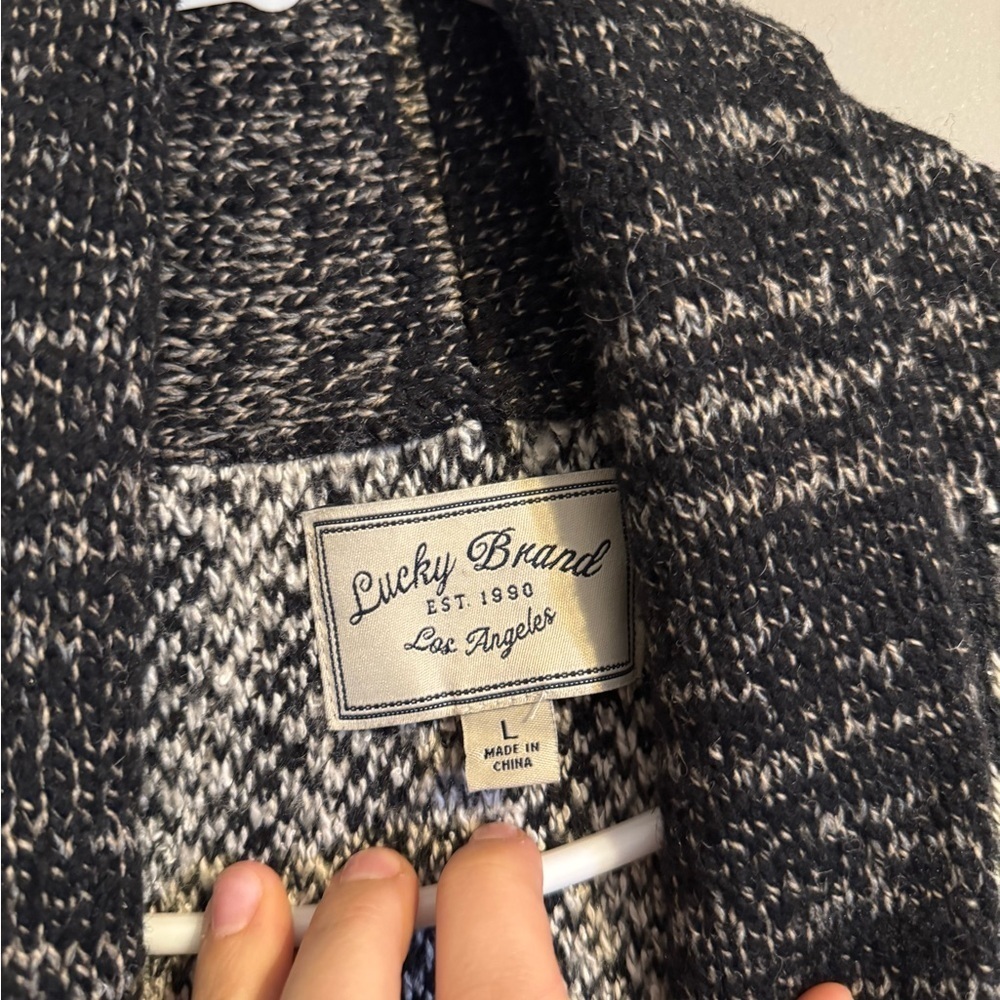 Lucky Brand Like-New Open Front Long Black and Cream Patterned Cardigan - Picture 2 of 7